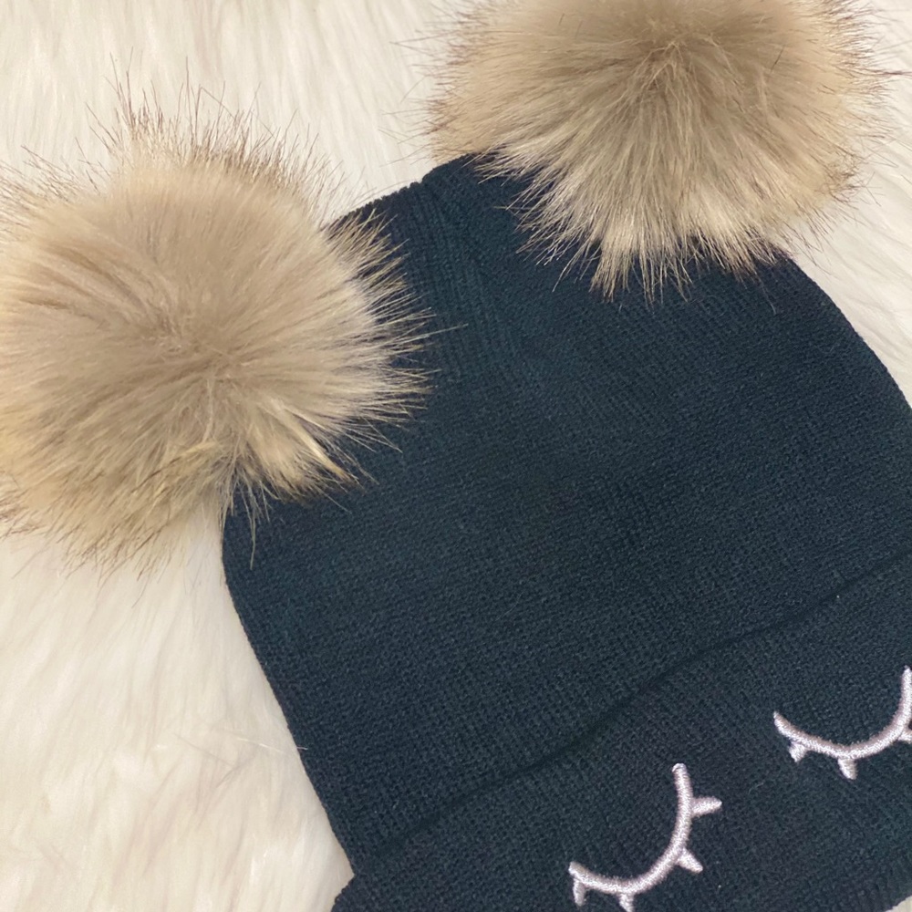 Embroidered Double Pom Faux Fur Knitted Beanie Hat - Picture 3 of 5